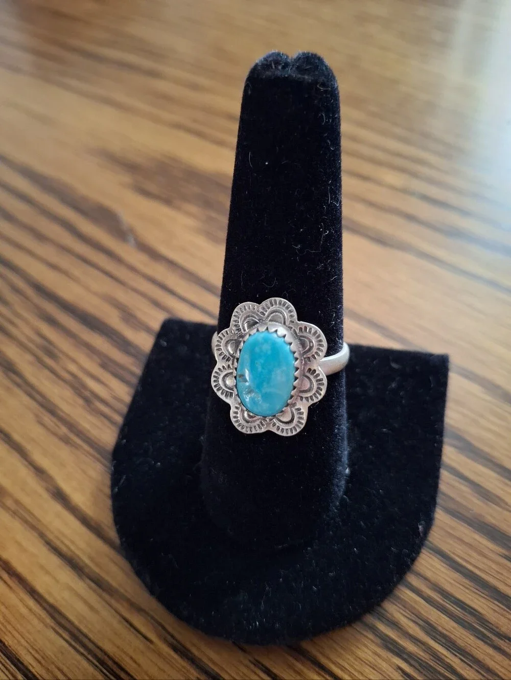 Turquoise Natural Stone With Sterling Silver Frame And Band Size 8